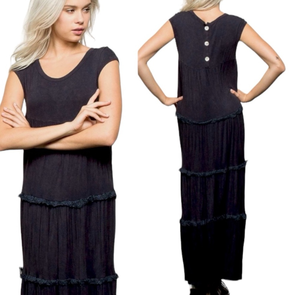 🆕 POL - Button Back Lace Trim Maxi Dress -  Navy - NIB - Picture 2 of 7